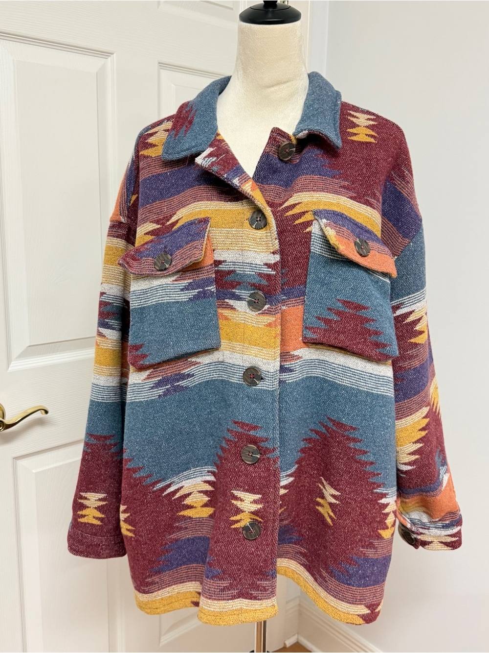JODIFL Multicolor Aztec-Pattern Utility Shacket in Blue, Burgundy & Mustard